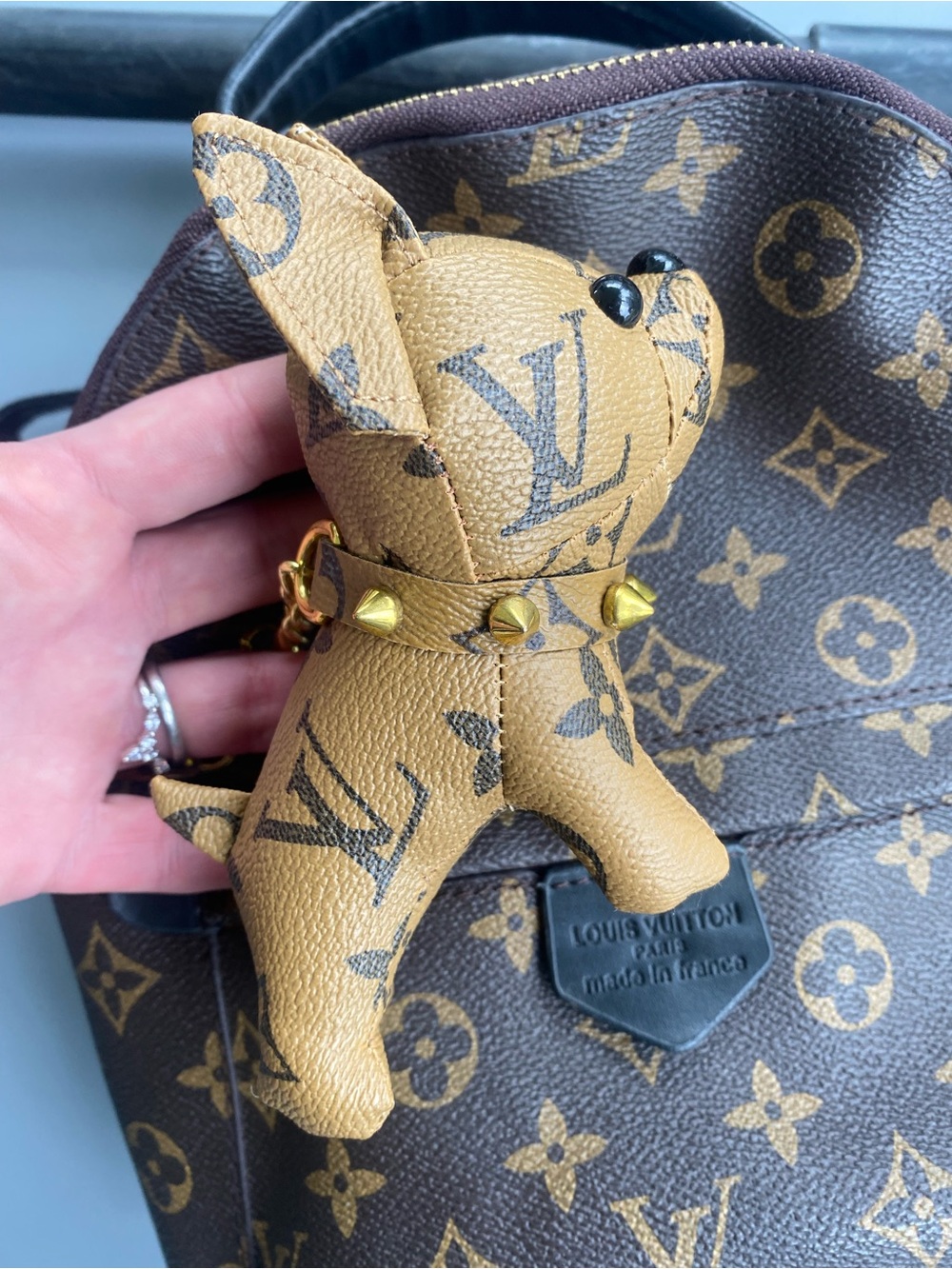 Brown & Tan Monogram Dog Bag Charm w/ Metal Gold Studs!! 🐕